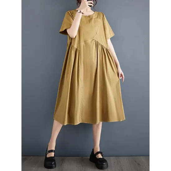 Asymmetric Pleated Pockets Solid Color Split-Joint A-line Loose Round-neck Midi Dresses Asymmetric Pleated Pockets Solid Color Split-Joint A-line Loose Round-neck Midi Dresses