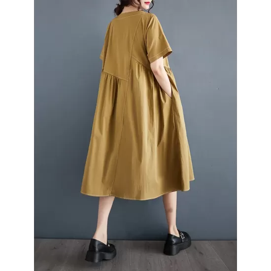 Asymmetric Pleated Pockets Solid Color Split-Joint A-line Loose Round-neck Midi Dresses Asymmetric Pleated Pockets Solid Color Split-Joint A-line Loose Round-neck Midi Dresses