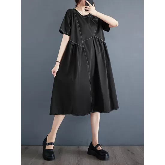 Asymmetric Pleated Pockets Solid Color Split-Joint A-line Loose Round-neck Midi Dresses Asymmetric Pleated Pockets Solid Color Split-Joint A-line Loose Round-neck Midi Dresses