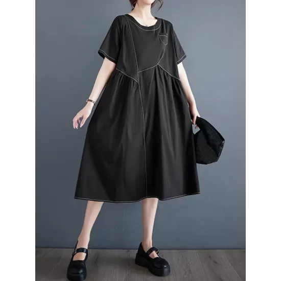 Asymmetric Pleated Pockets Solid Color Split-Joint A-line Loose Round-neck Midi Dresses Asymmetric Pleated Pockets Solid Color Split-Joint A-line Loose Round-neck Midi Dresses