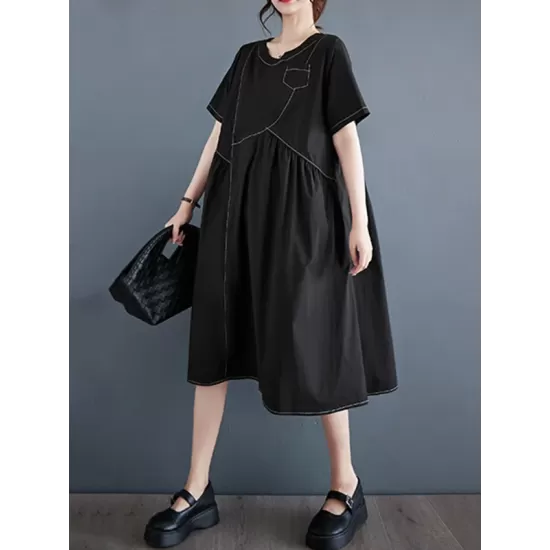 Asymmetric Pleated Pockets Solid Color Split-Joint A-line Loose Round-neck Midi Dresses Asymmetric Pleated Pockets Solid Color Split-Joint A-line Loose Round-neck Midi Dresses