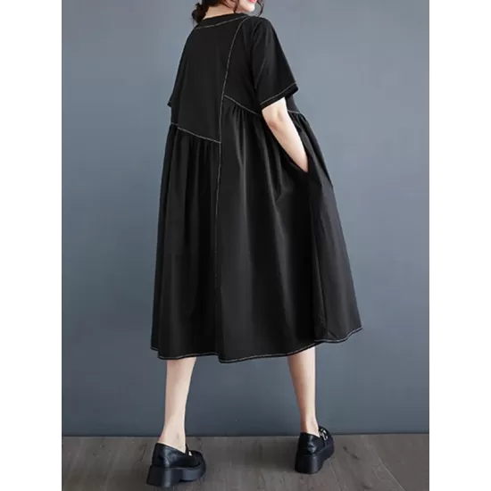 Asymmetric Pleated Pockets Solid Color Split-Joint A-line Loose Round-neck Midi Dresses Asymmetric Pleated Pockets Solid Color Split-Joint A-line Loose Round-neck Midi Dresses
