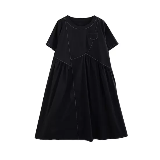 Asymmetric Pleated Pockets Solid Color Split-Joint A-line Loose Round-neck Midi Dresses Asymmetric Pleated Pockets Solid Color Split-Joint A-line Loose Round-neck Midi Dresses
