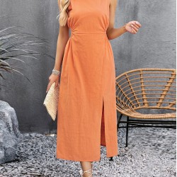 Hollow Solid Color Split-side Sleeveless Round-neck Midi Dresses