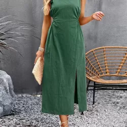 Hollow Solid Color Split-side Sleeveless Round-neck Midi Dresses