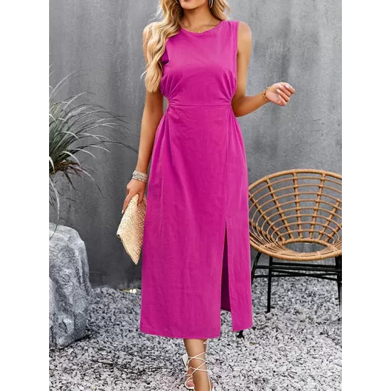 Hollow Solid Color Split-side Sleeveless Round-neck Midi Dresses Hollow Solid Color Split-side Sleeveless Round-neck Midi Dresses