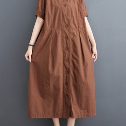 Buttoned Pockets Solid Color A-Line Loose V-Neck Midi Dresses