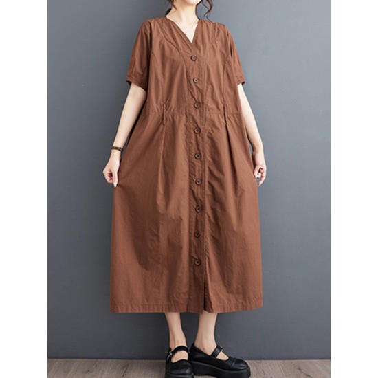 Buttoned Pockets Solid Color A-Line Loose V-Neck Midi Dresses Buttoned Pockets Solid Color A-Line Loose V-Neck Midi Dresses