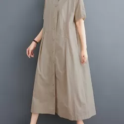 Buttoned Pockets Solid Color A-Line Loose V-Neck Midi Dresses