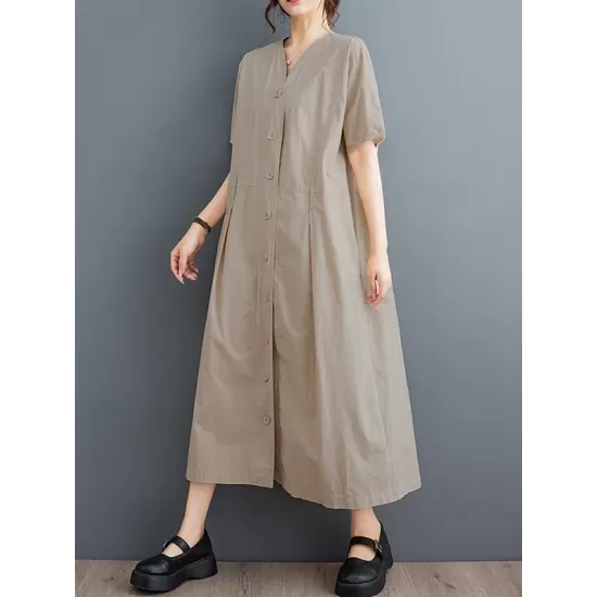 Buttoned Pockets Solid Color A-Line Loose V-Neck Midi Dresses Buttoned Pockets Solid Color A-Line Loose V-Neck Midi Dresses