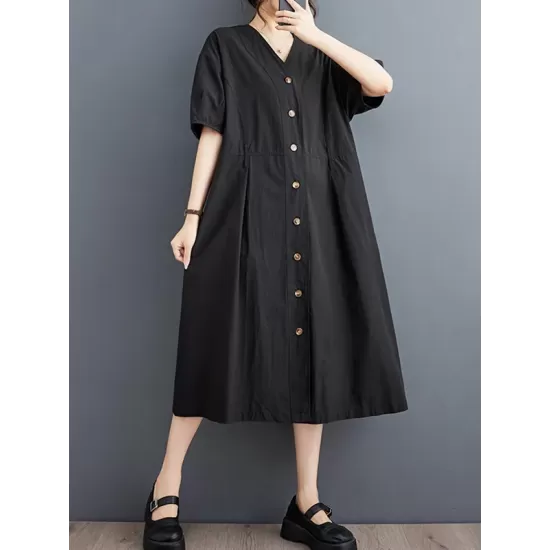 Buttoned Pockets Solid Color A-Line Loose V-Neck Midi Dresses Buttoned Pockets Solid Color A-Line Loose V-Neck Midi Dresses