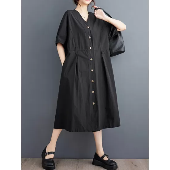 Buttoned Pockets Solid Color A-Line Loose V-Neck Midi Dresses Buttoned Pockets Solid Color A-Line Loose V-Neck Midi Dresses