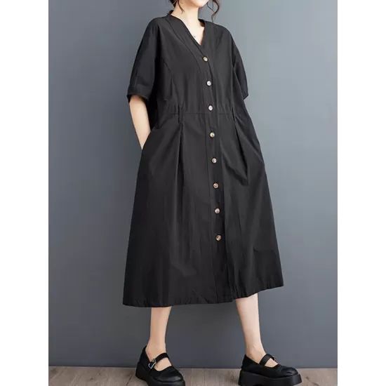 Buttoned Pockets Solid Color A-Line Loose V-Neck Midi Dresses Buttoned Pockets Solid Color A-Line Loose V-Neck Midi Dresses