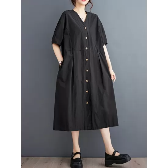 Buttoned Pockets Solid Color A-Line Loose V-Neck Midi Dresses Buttoned Pockets Solid Color A-Line Loose V-Neck Midi Dresses