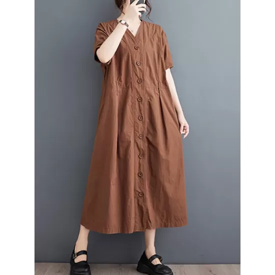 Buttoned Pockets Solid Color A-Line Loose V-Neck Midi Dresses Buttoned Pockets Solid Color A-Line Loose V-Neck Midi Dresses