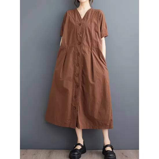 Buttoned Pockets Solid Color A-Line Loose V-Neck Midi Dresses Buttoned Pockets Solid Color A-Line Loose V-Neck Midi Dresses