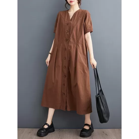 Buttoned Pockets Solid Color A-Line Loose V-Neck Midi Dresses Buttoned Pockets Solid Color A-Line Loose V-Neck Midi Dresses
