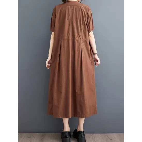 Buttoned Pockets Solid Color A-Line Loose V-Neck Midi Dresses Buttoned Pockets Solid Color A-Line Loose V-Neck Midi Dresses