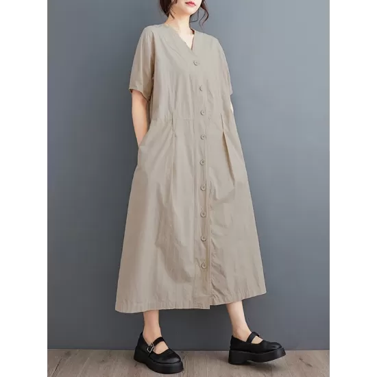 Buttoned Pockets Solid Color A-Line Loose V-Neck Midi Dresses Buttoned Pockets Solid Color A-Line Loose V-Neck Midi Dresses