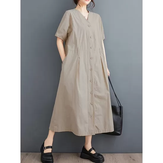 Buttoned Pockets Solid Color A-Line Loose V-Neck Midi Dresses Buttoned Pockets Solid Color A-Line Loose V-Neck Midi Dresses