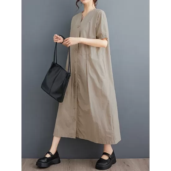 Buttoned Pockets Solid Color A-Line Loose V-Neck Midi Dresses Buttoned Pockets Solid Color A-Line Loose V-Neck Midi Dresses