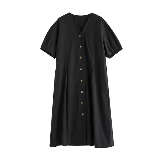 Buttoned Pockets Solid Color A-Line Loose V-Neck Midi Dresses Buttoned Pockets Solid Color A-Line Loose V-Neck Midi Dresses