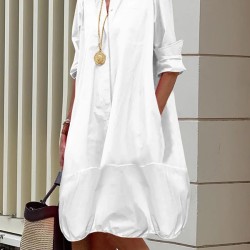 Long Sleeves Loose Solid Color Lapel Collar Midi Dresses