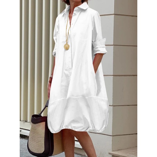 Long Sleeves Loose Solid Color Lapel Collar Midi Dresses Long Sleeves Loose Solid Color Lapel Collar Midi Dresses