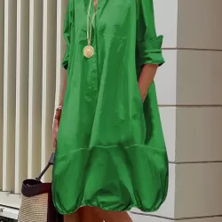 Long Sleeves Loose Solid Color Lapel Collar Midi Dresses