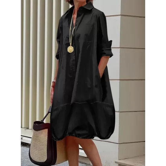Long Sleeves Loose Solid Color Lapel Collar Midi Dresses Long Sleeves Loose Solid Color Lapel Collar Midi Dresses