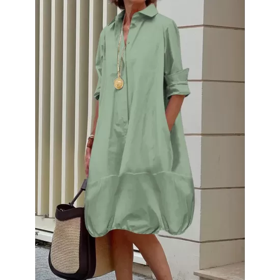 Long Sleeves Loose Solid Color Lapel Collar Midi Dresses Long Sleeves Loose Solid Color Lapel Collar Midi Dresses
