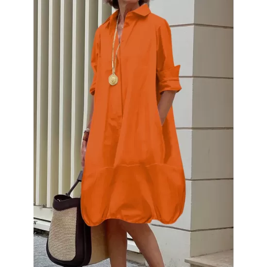 Long Sleeves Loose Solid Color Lapel Collar Midi Dresses Long Sleeves Loose Solid Color Lapel Collar Midi Dresses
