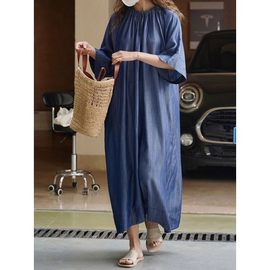 Drawstring Lace-Up Pleated Solid Color Loose Raglan Sleeve Round-Neck Midi Dresses Drawstring Lace-Up Pleated Solid Color Loose Raglan Sleeve Round-Neck Midi Dresses