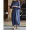 Drawstring Lace-Up Pleated Solid Color Loose Raglan Sleeve Round-Neck Midi Dresses