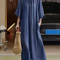 Drawstring Lace-Up Pleated Solid Color Loose Raglan Sleeve Round-Neck Midi Dresses