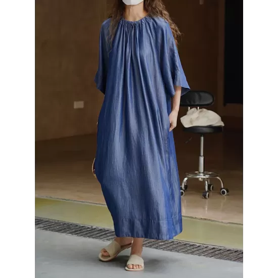 Drawstring Lace-Up Pleated Solid Color Loose Raglan Sleeve Round-Neck Midi Dresses Drawstring Lace-Up Pleated Solid Color Loose Raglan Sleeve Round-Neck Midi Dresses