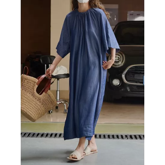 Drawstring Lace-Up Pleated Solid Color Loose Raglan Sleeve Round-Neck Midi Dresses Drawstring Lace-Up Pleated Solid Color Loose Raglan Sleeve Round-Neck Midi Dresses