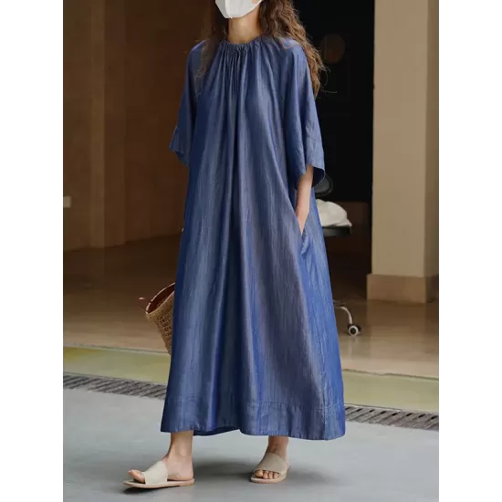 Drawstring Lace-Up Pleated Solid Color Loose Raglan Sleeve Round-Neck Midi Dresses Drawstring Lace-Up Pleated Solid Color Loose Raglan Sleeve Round-Neck Midi Dresses