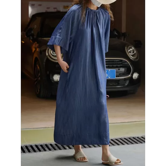 Drawstring Lace-Up Pleated Solid Color Loose Raglan Sleeve Round-Neck Midi Dresses Drawstring Lace-Up Pleated Solid Color Loose Raglan Sleeve Round-Neck Midi Dresses