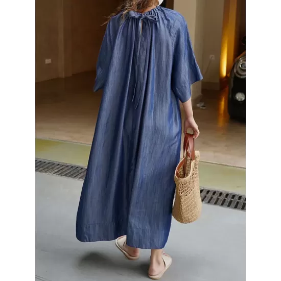 Drawstring Lace-Up Pleated Solid Color Loose Raglan Sleeve Round-Neck Midi Dresses Drawstring Lace-Up Pleated Solid Color Loose Raglan Sleeve Round-Neck Midi Dresses