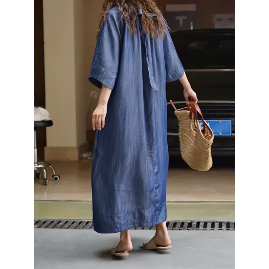 Drawstring Lace-Up Pleated Solid Color Loose Raglan Sleeve Round-Neck Midi Dresses Drawstring Lace-Up Pleated Solid Color Loose Raglan Sleeve Round-Neck Midi Dresses