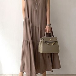 Buttoned Pleated Ruffled Solid Color Split-Joint Tiered A-Line Loose Stand Collar Midi Dresses