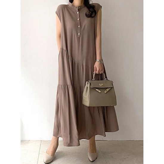 Buttoned Pleated Ruffled Solid Color Split-Joint Tiered A-Line Loose Stand Collar Midi Dresses Buttoned Pleated Ruffled Solid Color Split-Joint Tiered A-Line Loose Stand Collar Midi Dresses