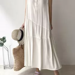 Buttoned Pleated Ruffled Solid Color Split-Joint Tiered A-Line Loose Stand Collar Midi Dresses