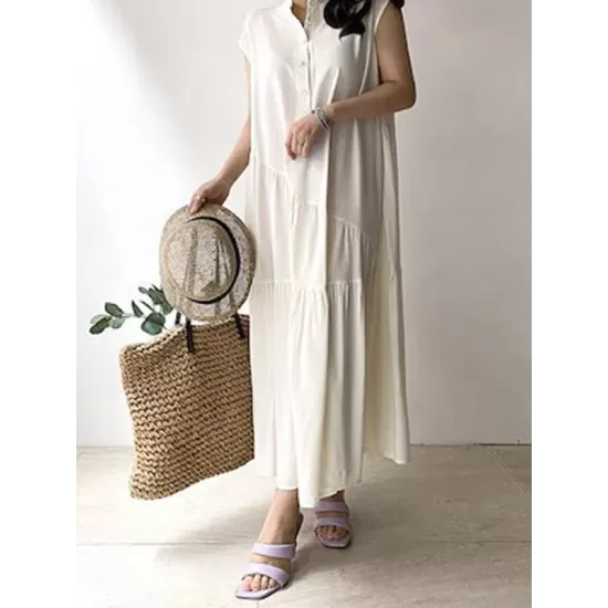 Buttoned Pleated Ruffled Solid Color Split-Joint Tiered A-Line Loose Stand Collar Midi Dresses Buttoned Pleated Ruffled Solid Color Split-Joint Tiered A-Line Loose Stand Collar Midi Dresses