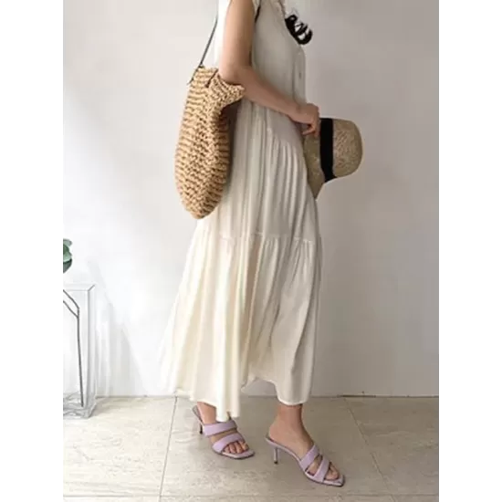 Buttoned Pleated Ruffled Solid Color Split-Joint Tiered A-Line Loose Stand Collar Midi Dresses Buttoned Pleated Ruffled Solid Color Split-Joint Tiered A-Line Loose Stand Collar Midi Dresses