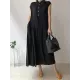 Buttoned Pleated Ruffled Solid Color Split-Joint Tiered A-Line Loose Stand Collar Midi Dresses Buttoned Pleated Ruffled Solid Color Split-Joint Tiered A-Line Loose Stand Collar Midi Dresses