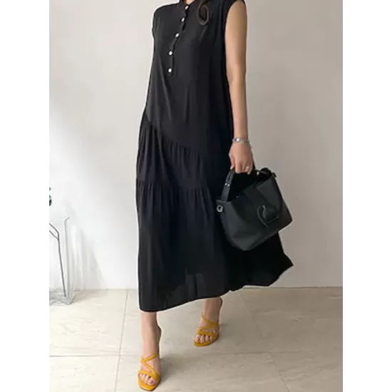 Buttoned Pleated Ruffled Solid Color Split-Joint Tiered A-Line Loose Stand Collar Midi Dresses Buttoned Pleated Ruffled Solid Color Split-Joint Tiered A-Line Loose Stand Collar Midi Dresses