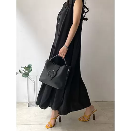 Buttoned Pleated Ruffled Solid Color Split-Joint Tiered A-Line Loose Stand Collar Midi Dresses Buttoned Pleated Ruffled Solid Color Split-Joint Tiered A-Line Loose Stand Collar Midi Dresses