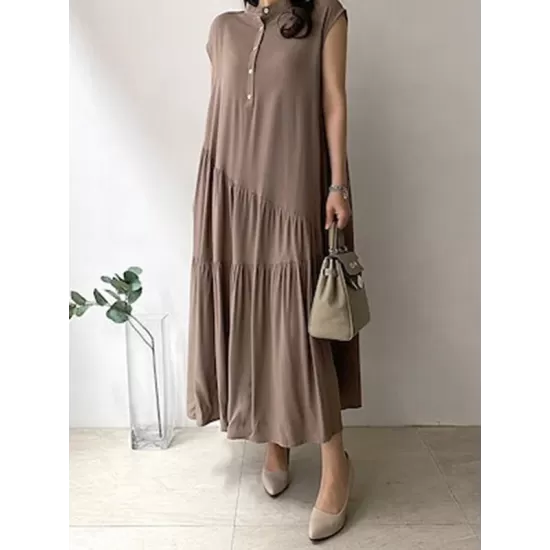 Buttoned Pleated Ruffled Solid Color Split-Joint Tiered A-Line Loose Stand Collar Midi Dresses Buttoned Pleated Ruffled Solid Color Split-Joint Tiered A-Line Loose Stand Collar Midi Dresses